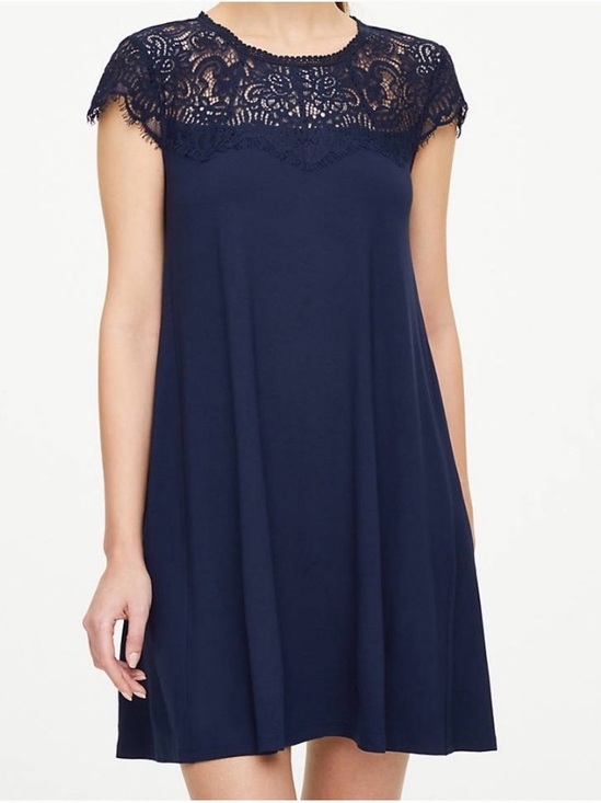 LOFT Dresses & Skirts - LOFT Navy Blue Lace Yoke Cap Sleeve Mini Swing Dress A-Line Crochet Detail Sz S